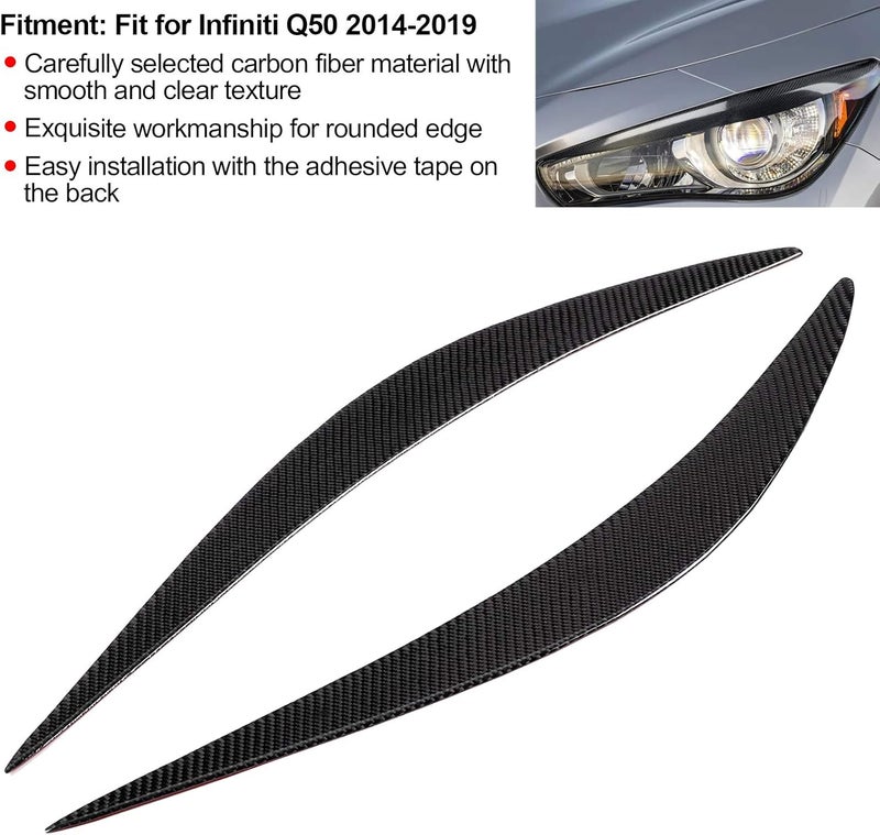 Espusta Headlight Eyelid Eyebrows Trim Front Headlight Cover Eyebrow Decoration Front Lamps Sticker Compatible with Infiniti Q50 2014-2019 (Carbon Fiber Style) - Image 3